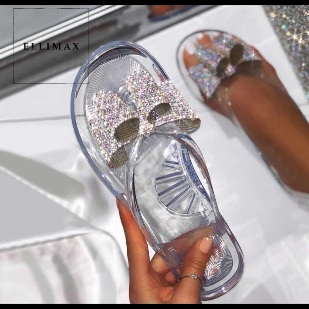 NEW🔥 Clear Rhinestone Bow Thong Slide Flat Sandal